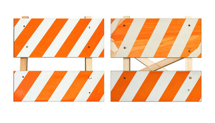 Four orange and white striped barriers on black background, road hazard