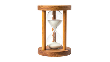 Wooden-framed hourglass with sand flowing through a clear glass bulb