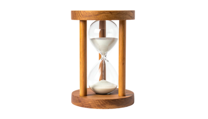 Wooden-framed hourglass with sand flowing through a clear glass bulb