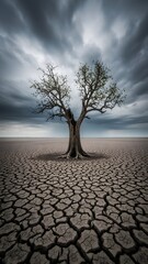 Lonely tree under stormy sky on dry land, climate crisis concept