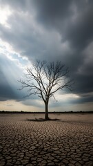 Lonely tree under stormy sky on dry land, climate crisis concept