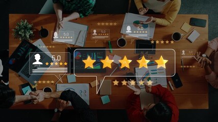 A modern office scene depicting a diverse team engaged in a collaborative meeting, utilizing digital displays to share performance reviews and analytics for enhanced productivity. Raster - Powered by Adobe