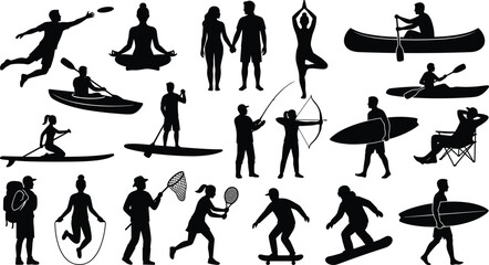 Black silhouette vector illustration set of people enjoying outdoor sports leisure activities including surfing yoga canoeing skateboarding archery
