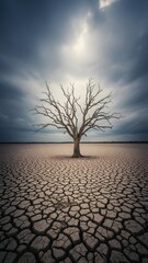 Lonely tree under stormy sky on dry land, climate crisis concept