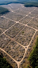 Deforestation road pattern cutting through cleared forest, environmental damage