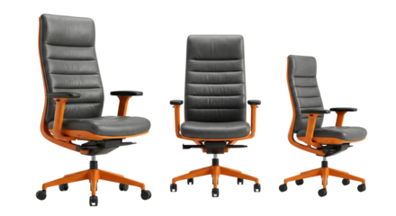 Set of three modern ergonomic office chairs with padded seats and backrests on swivel bases