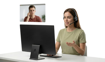 Professional customer support agent engaging in virtual communication with client on online call