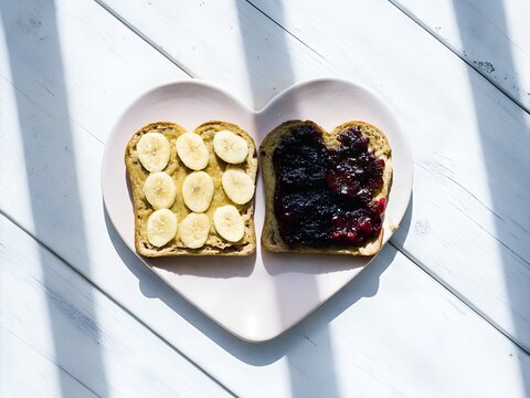 Heart Shaped Toast with Banana and Berry Jam