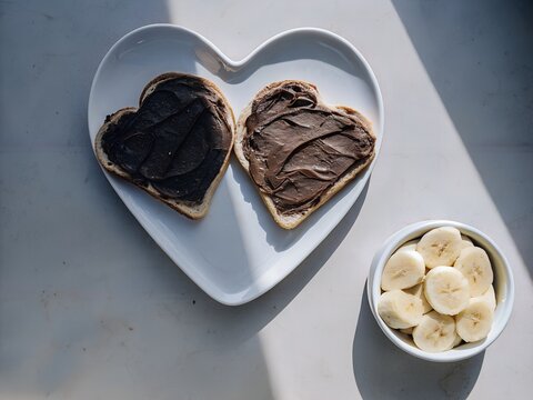 Heart Shaped Toast with Chocolate Spread and Banana Slices on White Plate