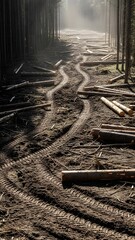 Misty forest path with winding tire tracks and scattered timber logs, illustrating the aftermath of logging and deforestation on natural landscapes.