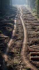 Winding dirt road through a logged forest, illuminated by morning mist and scattered timber, showing the impact of forestry.