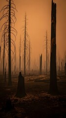 Desolate Burnt Forest with Charred Tree Trunks Under Ominous Orange Sky After a Devastating Wildfire