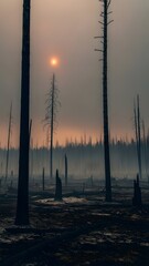 Desolate Burnt Forest Landscape with Ominous Hazy Orange Sun and Charred Trees, Evoking Environmental Disaster and Bleakness