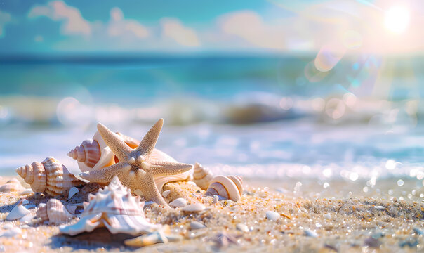 Seashells on a Sandy Beach on a Sunny Day