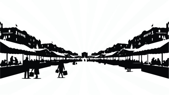 Silhouettes of shoppers browsing stalls in a bustling outdoor market on a bright day