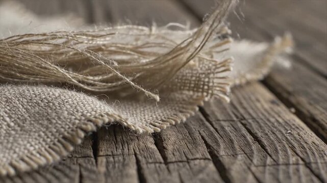 Close-up of burlap fabric and twine on a weathered wooden surface.