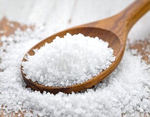 Close-up of coarse, white salt spilling from a wooden spoon