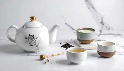 Serene still life features a white porcelain teapot and cups with floral designs, alongside a stirring spoon and tea leaves. The background is a white marble surface