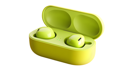 Neon green wireless earbuds in open case isolated on white background, modern technology accessory
