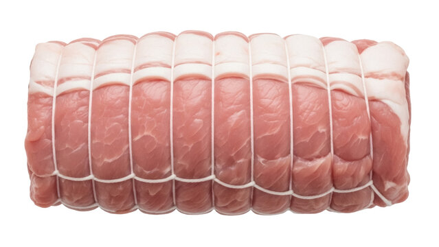Raw pork loin roast tied with twine isolated PNG, uncooked meat cut for holiday dinner preparation on transparent background