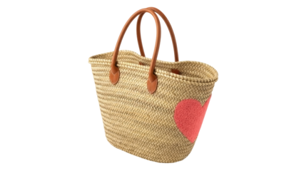 Straw tote bag with pink heart isolated PNG, woven beach bag with leather handles for summer fashion and vacation use