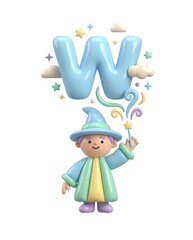 A whimsical character dressed in pastel colors, holding a magic wand, surrounded by stars and clouds