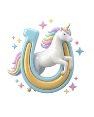 Letter U a whimsical unicorn appears gracefully within a colorful horseshoe, surrounded by sparkling stars. This charming design is perfect for children's themes and playful projects.