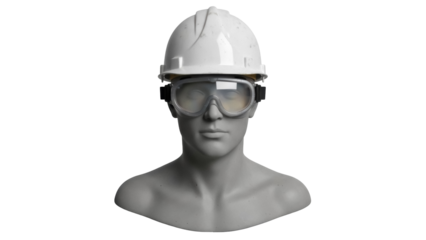 Mannequin head with hard hat and safety glasses isolated PNG, construction worker safety equipment on transparent background