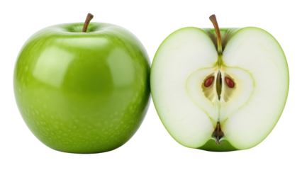 Fresh green Granny Smith apple and a half isolated PNG, healthy fruit on transparent background for food design and nutrition concepts