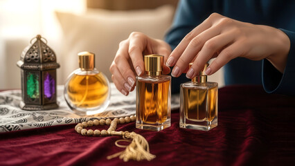 Woman's Hands Holding Perfume Bottles with Islamic Prayer Beads