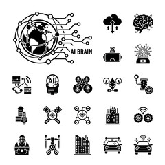 Modern AI technology icons representing global data, cloud computing, and smart city innovations for business and tech.