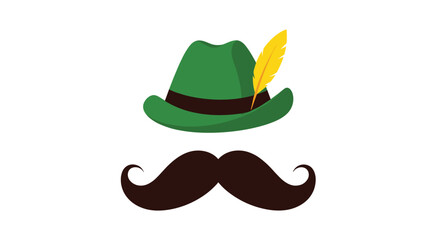 Traditional alpine green tyrolean hat with a yellow feather paired with a large dark mustache for oktoberfest celebration graphics.