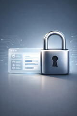 A metallic padlock next to a transparent digital interface, symbolizing data security and privacy in a technological context.
