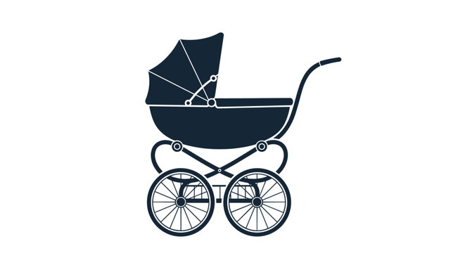 Elegant silhouette of a classic vintage style baby stroller or pram with large wheels and a curved handle in deep navy blue.