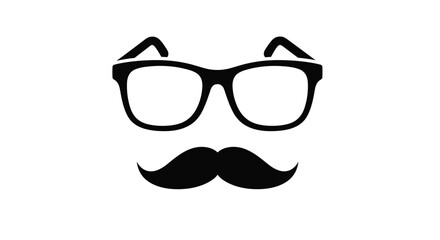 Playful black silhouette icon of a pair of thick framed glasses and a stylish mustache representing a hipster or gentleman character.