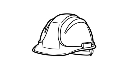 Detailed black and white line art of a protective construction hard hat safety helmet used for industrial and building site work.