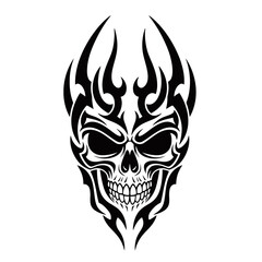 Fototapeta premium Stylized black and white tribal skull with flame patterns, a fierce and edgy graphic design.