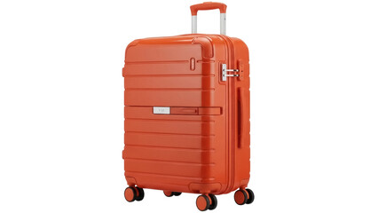 Orange hard shell suitcase isolated PNG, modern luggage with wheels for travel and vacation on transparent background © James