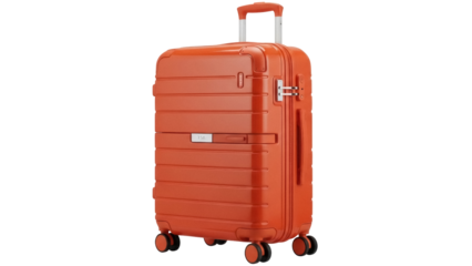 Orange hard shell suitcase isolated PNG, modern luggage with wheels for travel and vacation on transparent background