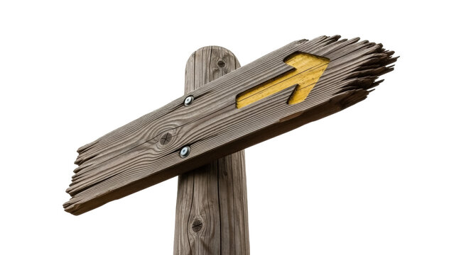 Weathered wooden sign with yellow arrow PNG isolated on transparent background, rustic direction indicator for design projects