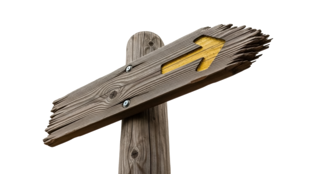 Weathered wooden sign with yellow arrow PNG isolated on transparent background, rustic direction indicator for design projects - Powered by Adobe
