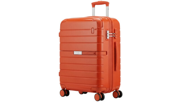 Orange hard shell suitcase isolated PNG, modern luggage with wheels for travel and vacation on transparent background