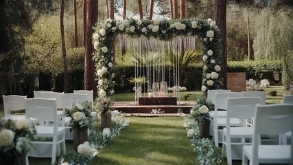 Beautiful outdoor wedding setup with chairs and floral arch in a garden