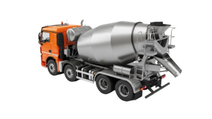 Orange concrete mixer truck PNG isolated on transparent background, construction vehicle for building and industrial projects