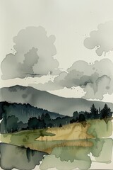 serene watercolor landscape with distant hills placed low in the composition, atmospheric washes, muted green and gray tones, tranquil mood.