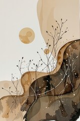 emotional watercolor artwork expressing quiet calm through abstract flowing forms, muted earth tones, gentle transitions, minimal composition.