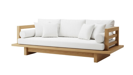 Fototapeta premium Modern light wood daybed with white cushions isolated PNG, minimalist sofa with pillows on transparent background for interior design