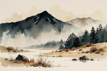 watercolor landscape with subtle natural elements and misty atmosphere, muted neutral palette, minimalistic composition, calm and professional stock ready background.