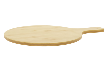 Wooden pizza peel isolated PNG on transparent background, round paddle board for serving homemade pizza and baking bread, kitchenware