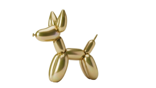 Golden balloon dog PNG isolated on transparent background, shiny metallic animal sculpture for party decorations and festive designs